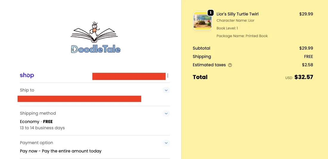 DoodleTale Shopify checkout showing Lior's Silly Turtle Twirl printed book order summary with free shipping