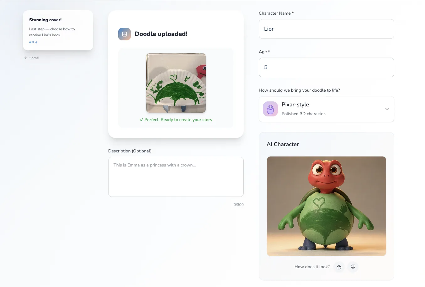 DoodleTale creation form showing a turtle doodle uploaded with character name Lior, age 5, and the AI-generated character preview