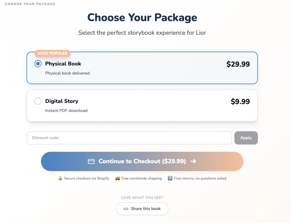 DoodleTale package selection showing Physical Book at $29.99 and Digital Story at $9.99