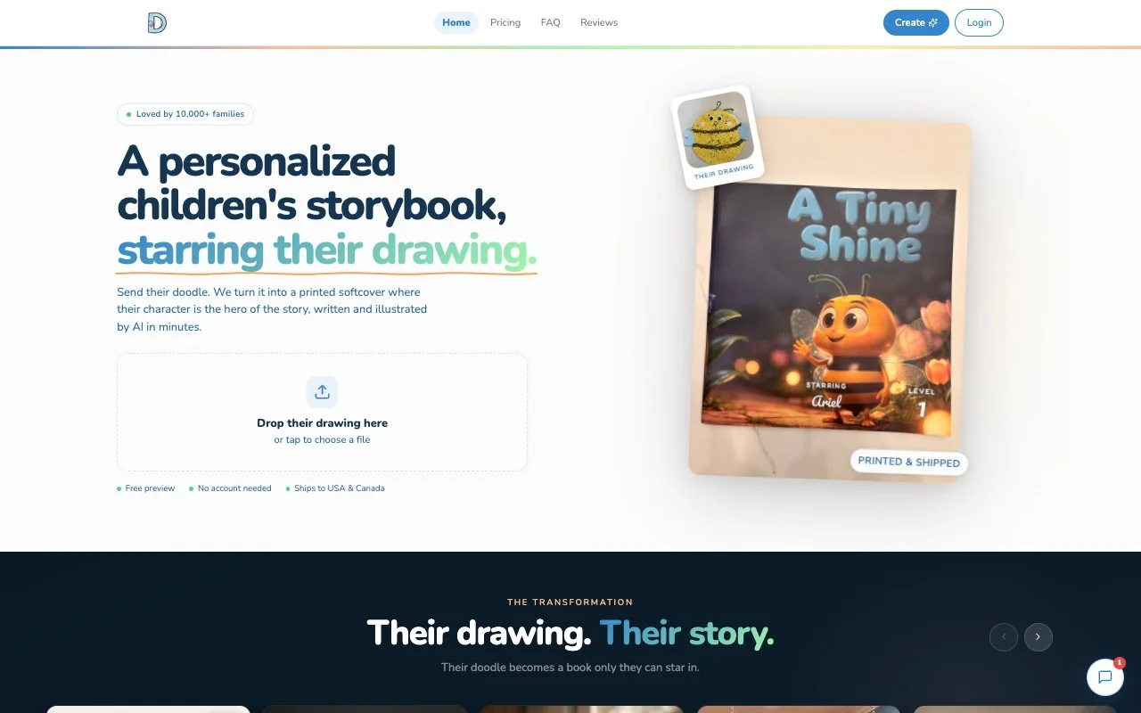 DoodleTale homepage showing the upload area with the tagline Your kid's drawing. A real printed book.