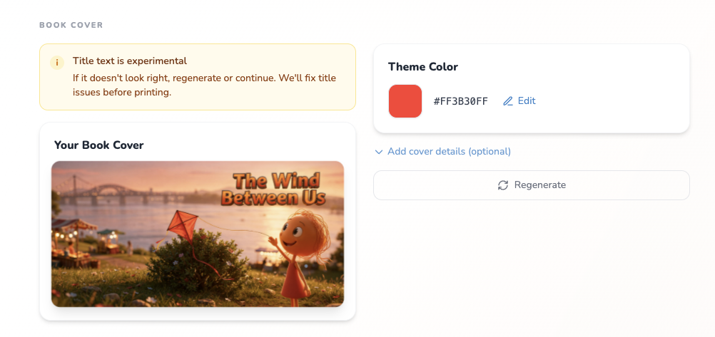 DoodleTale book cover preview showing an illustrated orange stick figure character in an outdoor scene with the title The Wind Between Us