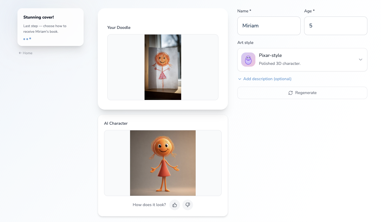 DoodleTale creation form showing a child's orange circle-head drawing on the left and the AI-generated 3D character on the right