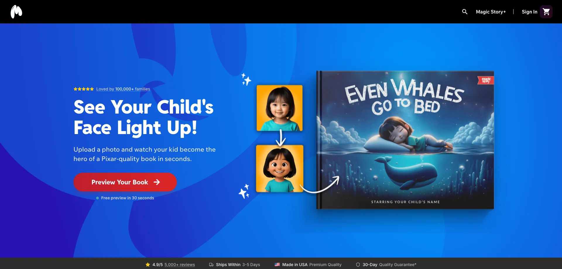 Magic Story homepage showing AI-generated Pixar-quality personalized books from a child's photo