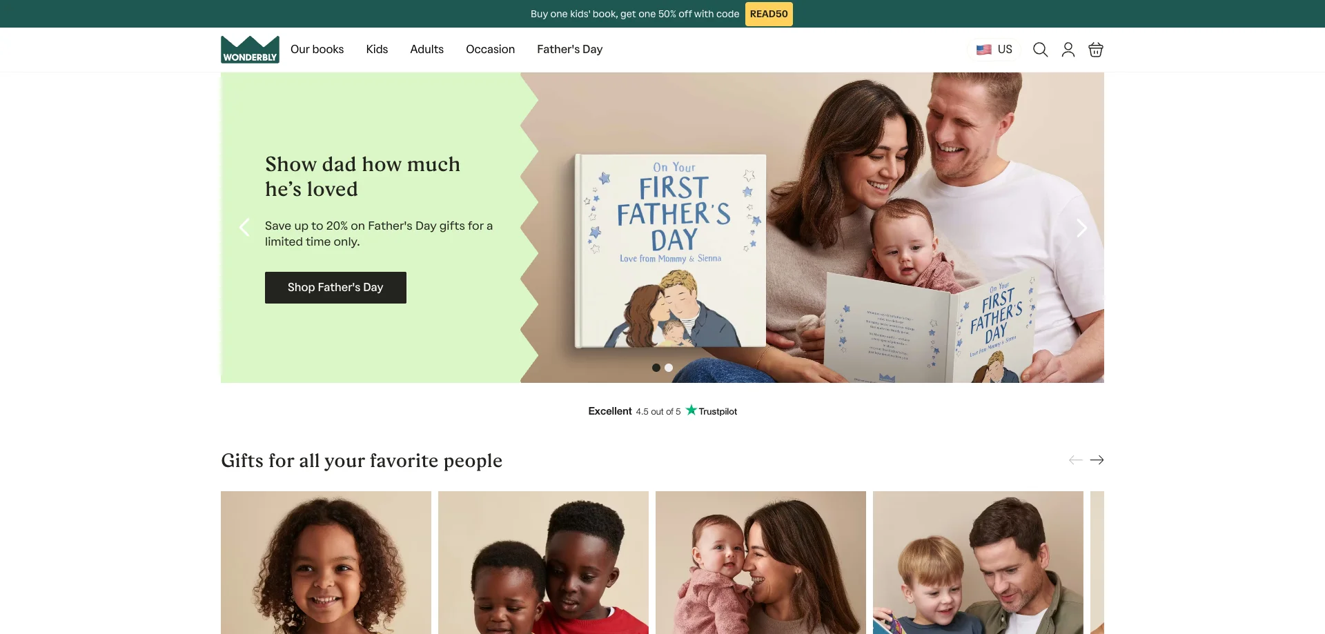Wonderbly homepage showing personalized books for kids and adults