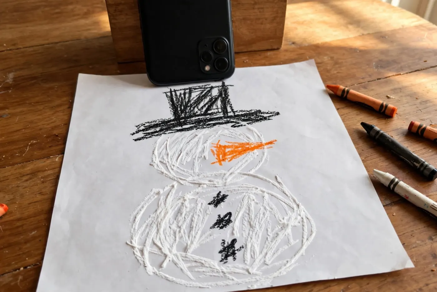A child's crayon drawing of a white snowman with a black top hat and orange carrot nose lying flat on a wooden table, a phone propped upright behind it and loose crayons scattered nearby