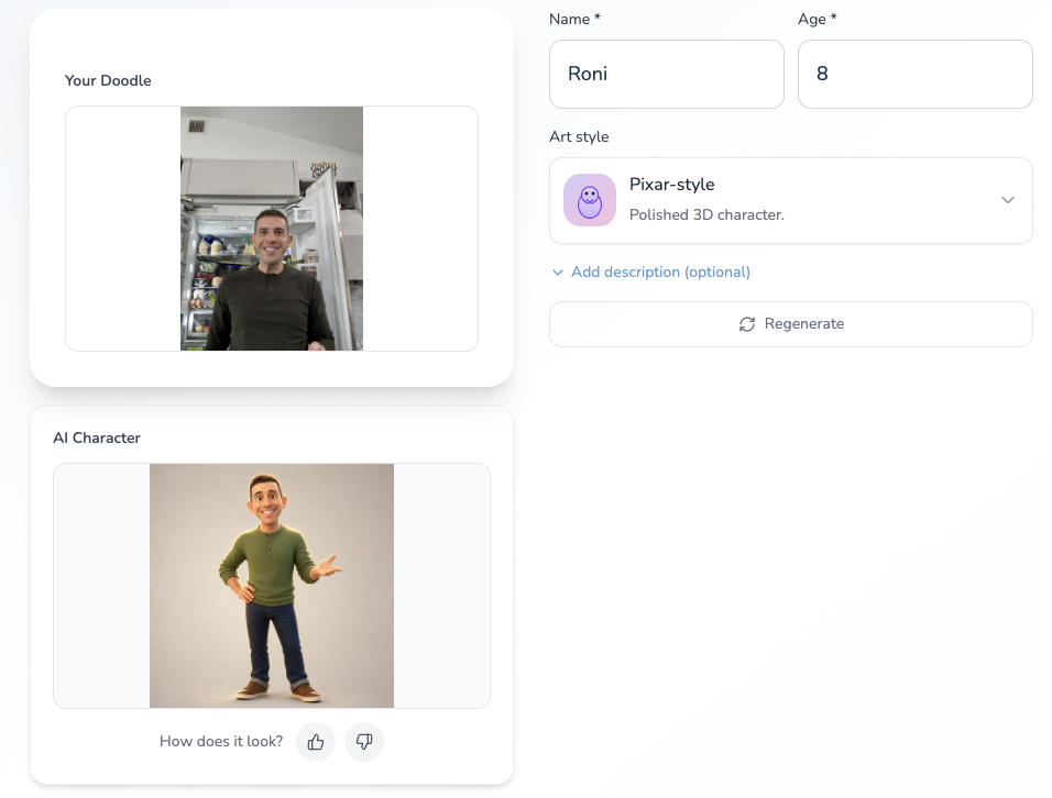 DoodleTale upload flow showing a photo being turned into a personalized AI character for a children's storybook