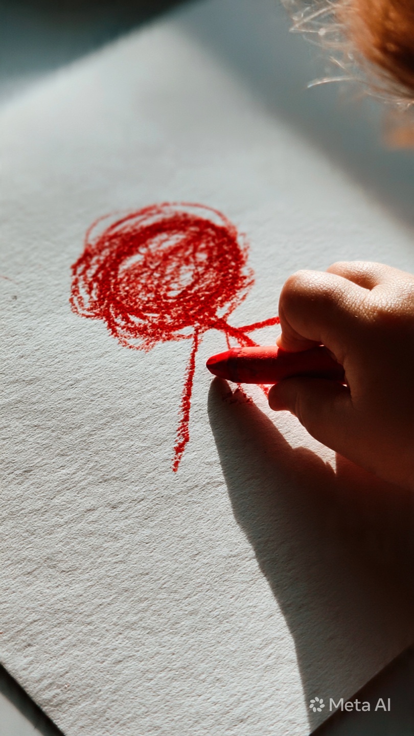 A child's small hand holding a red crayon, drawing a stick figure on white paper