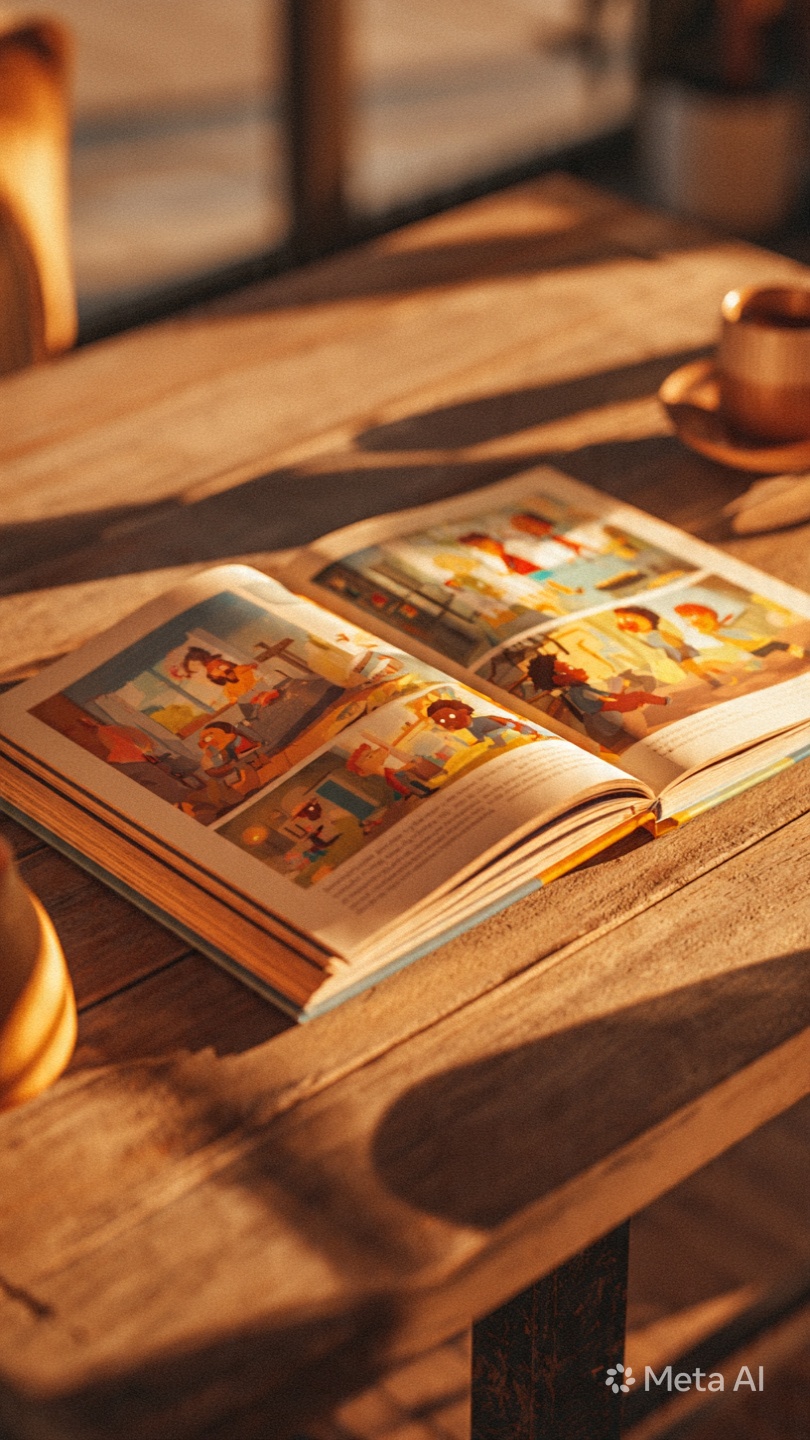 An open illustrated children's storybook lying on a wooden table in warm afternoon light