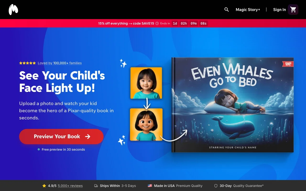 Magic Story homepage showing AI-generated personalized children's books from a photo