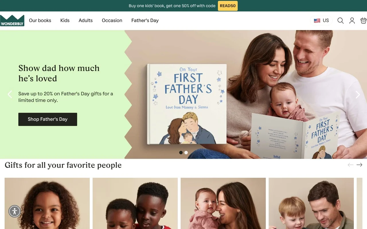 Wonderbly homepage showing personalized storybooks for children