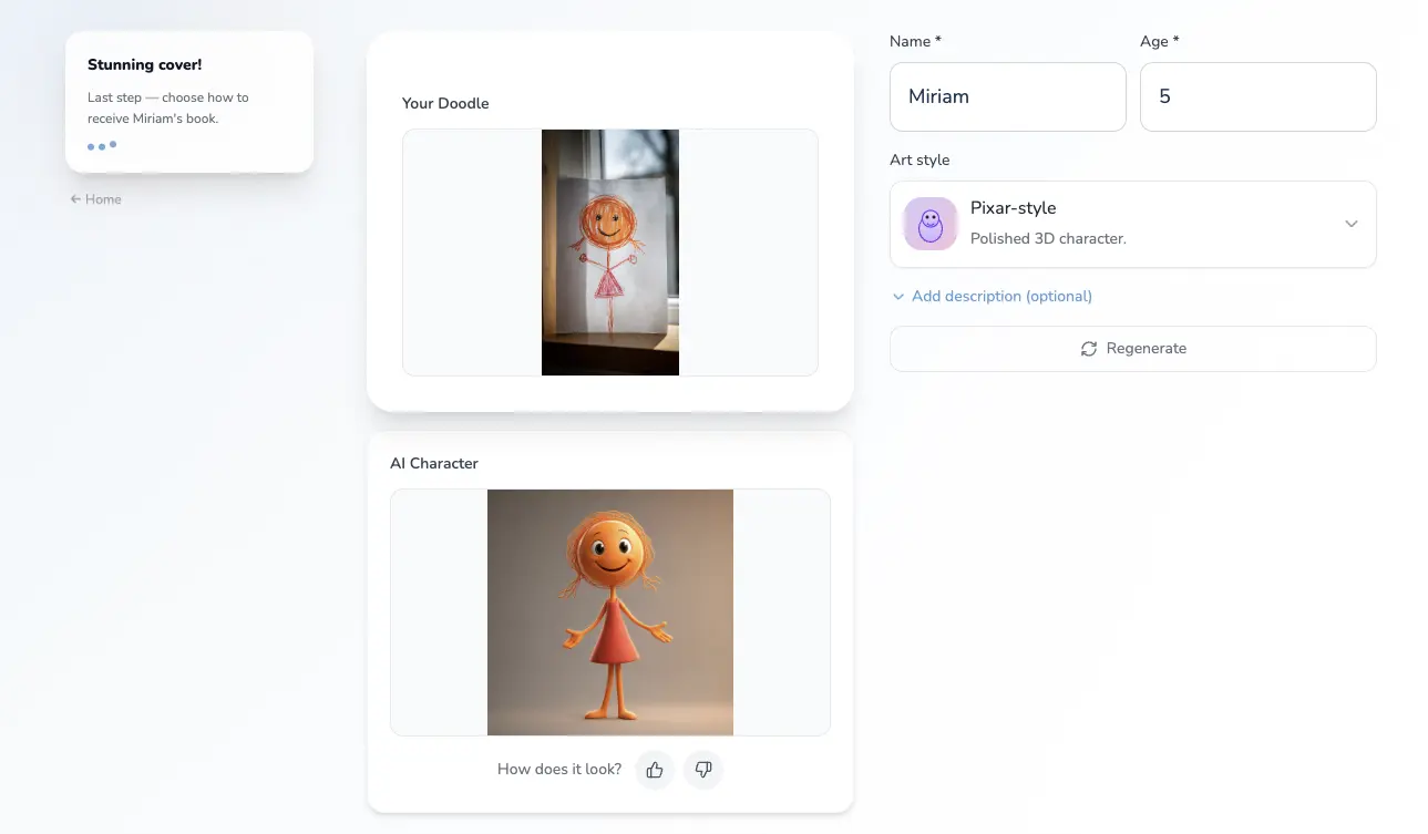 DoodleTale character preview screen showing the AI-generated character from a child's drawing