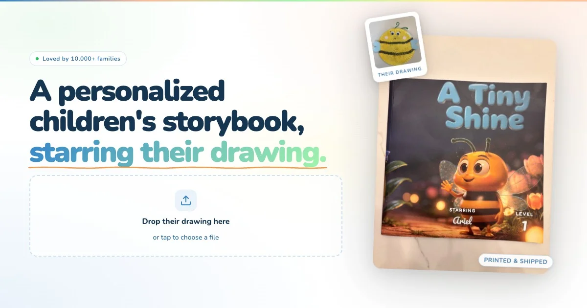 DoodleTale personalized children's storybook made from a child's drawing, showing a bee character on the cover titled 'A Tiny Shine'