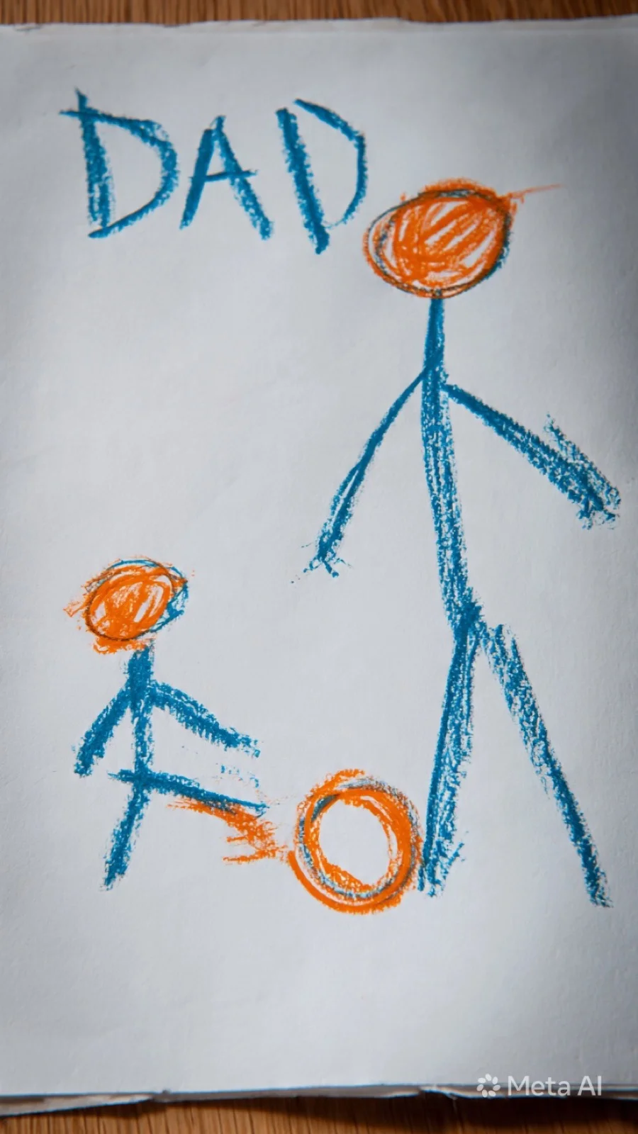 A child's crayon drawing on white paper showing a tall blue stick figure labeled DAD and a small stick figure kicking an orange circle soccer ball, drawn in blue and orange crayon in the style of a 5-year-old