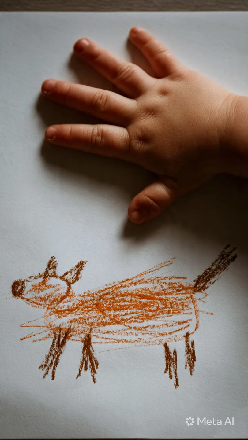 A child's crayon drawing next to the DoodleTale printed storybook where that drawing became the main character
