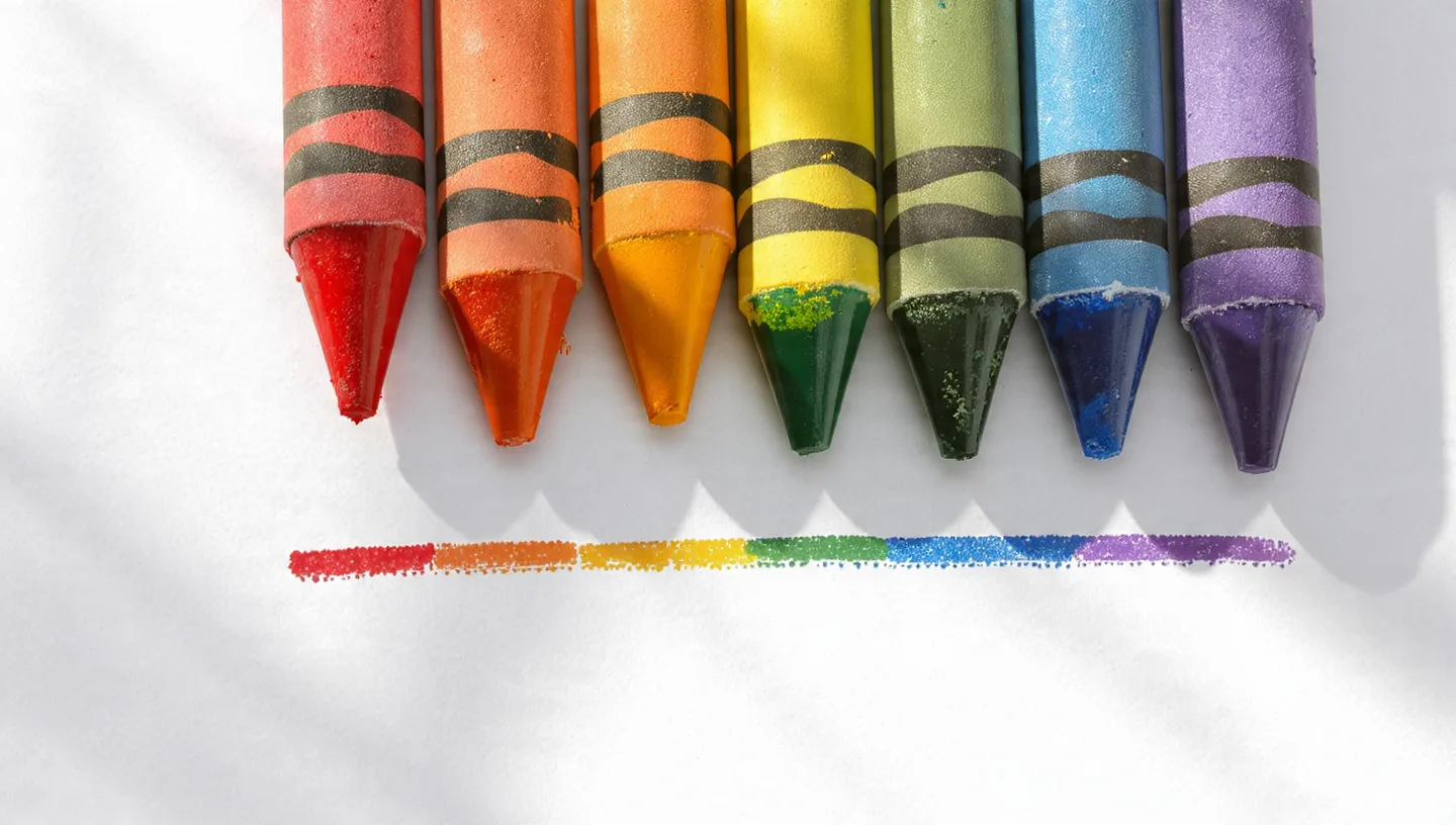 A row of colorful crayons each drawing a line of its own color on white paper