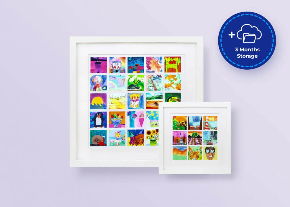 Two white-framed mosaics, each a grid of a child's paintings, hung on a wall