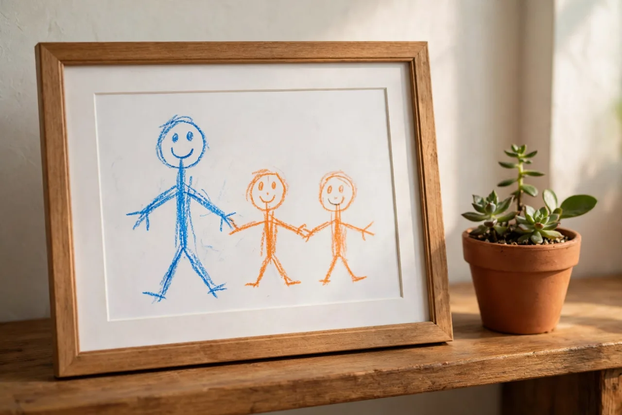 A child's crayon drawing of three stick figures holding hands, framed in a plain wooden frame with a white mat, sitting on a shelf next to a potted plant