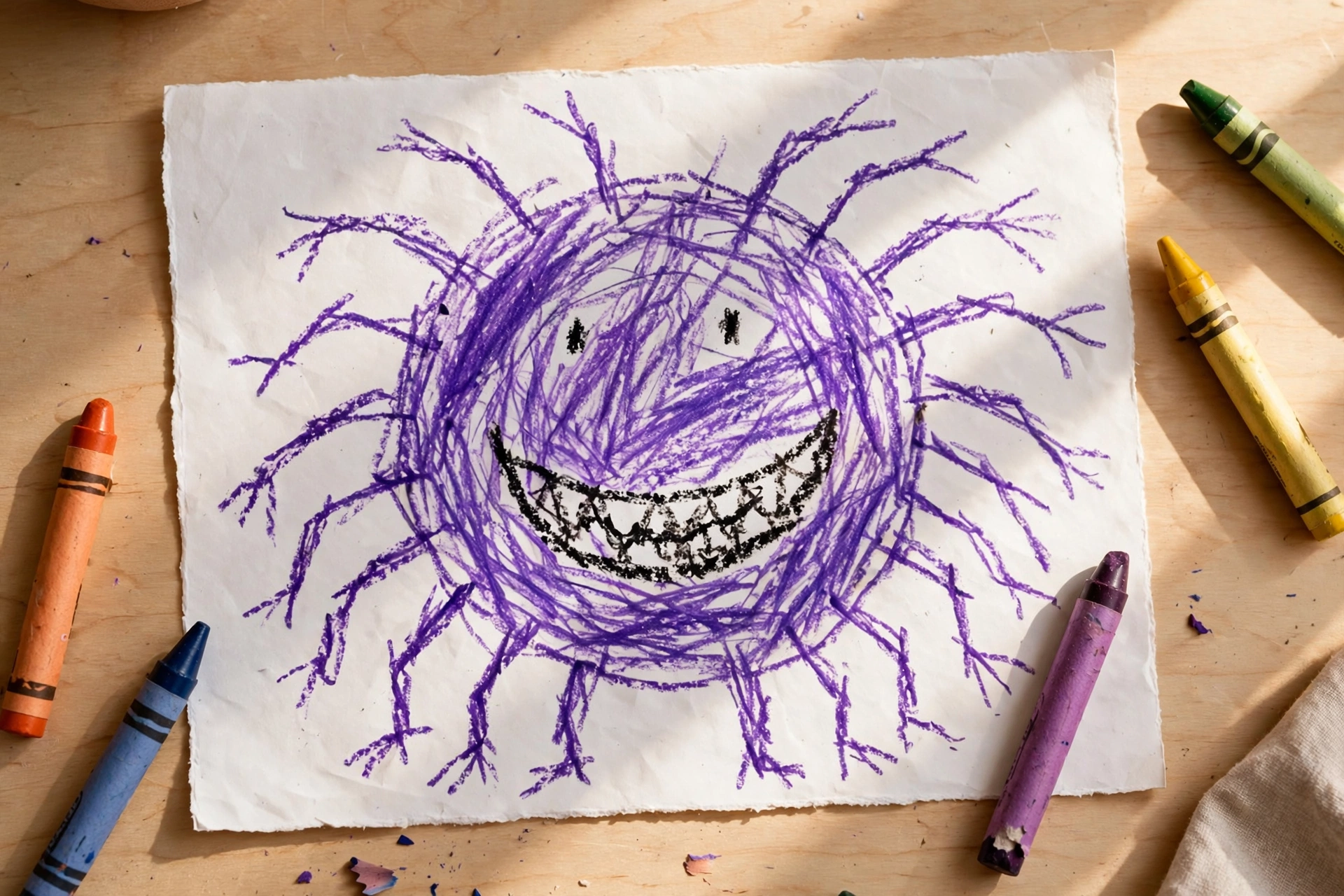 A child's crayon drawing of an invented creature with mismatched eyes and too many legs, a small handwritten label beside it, resting on a wooden table next to scattered crayons