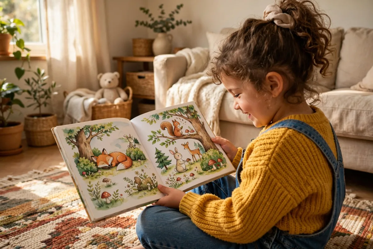 A young child sitting cross-legged on a living room rug, holding open a printed illustrated storybook and smiling at it in warm window light
