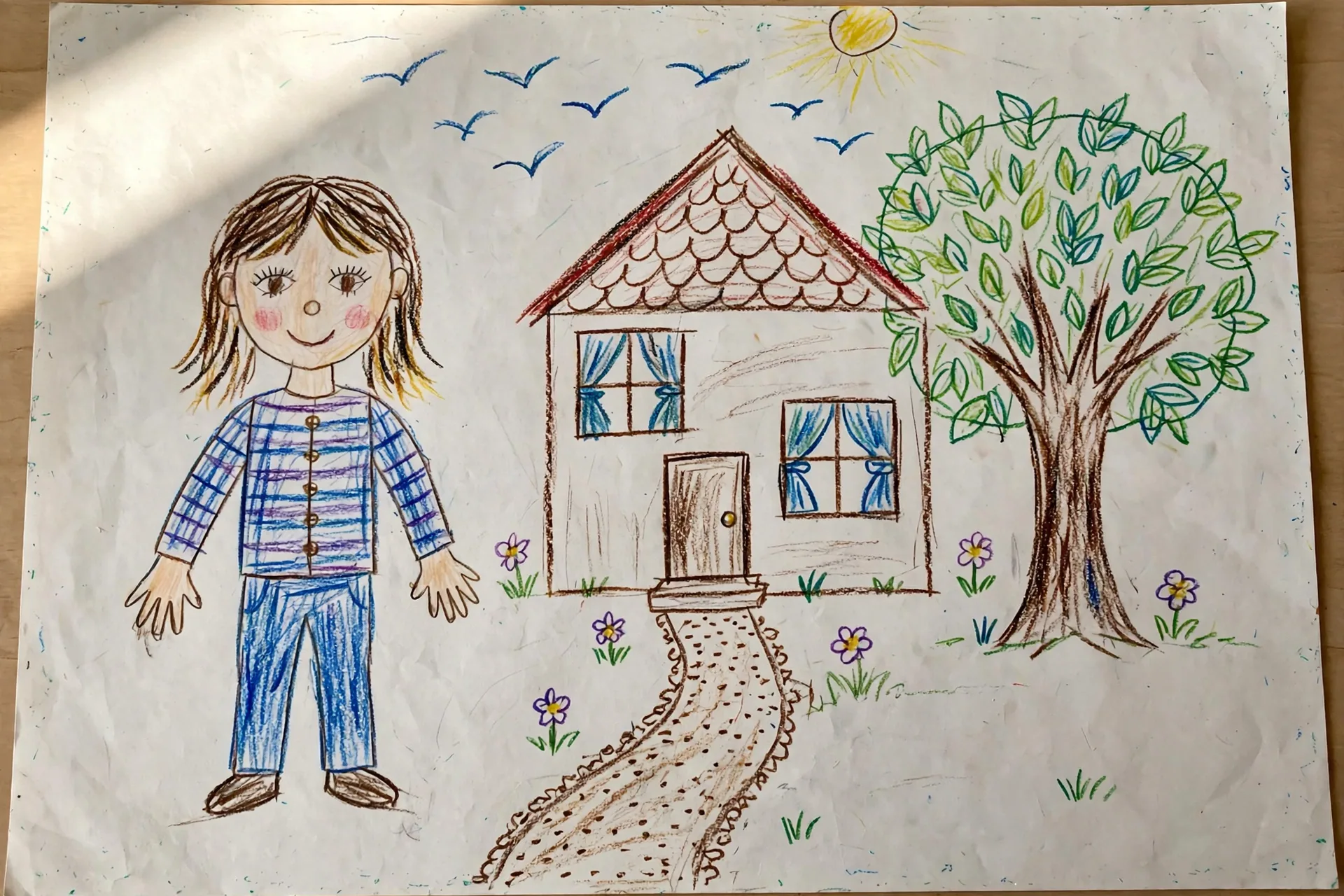 An older child's detailed crayon drawing of a girl with a full body and five fingers, a house with curtained windows, a leafy tree, birds, and a winding path
