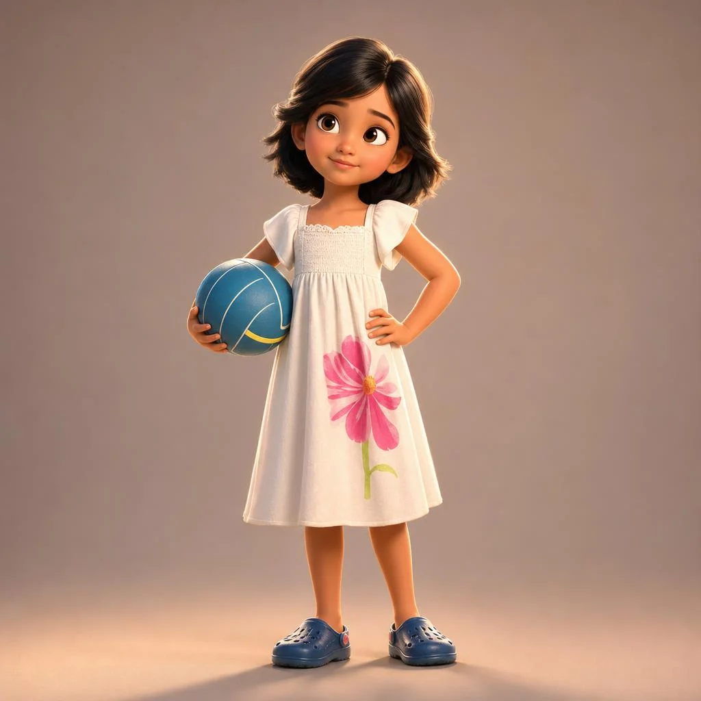 A Pixar-style illustrated character of a young girl in a white dress holding a ball, rendered from a real photo of a child