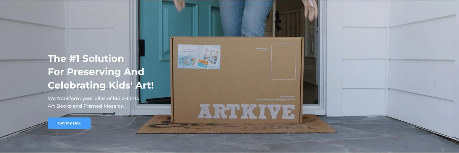 Screenshot of the Artkive homepage showing a large branded cardboard kit box on a doorstep, with the headline The #1 Solution For Preserving And Celebrating Kids' Art