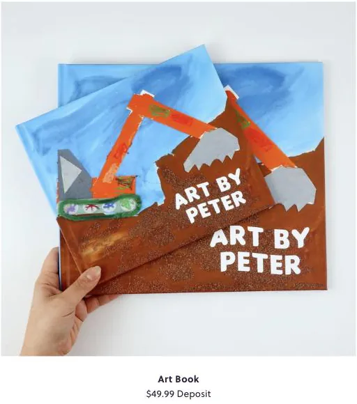 Screenshot of a Plum Print Art Book product listing, a hardcover book with a child's painting of a digger on the cover, labelled Art Book with a $49.99 deposit