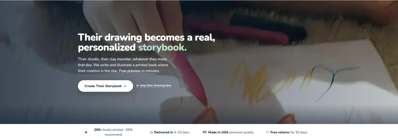 The DoodleTale homepage showing a child drawing with a red crayon, with the heading 'Their drawing becomes a real, personalized storybook'
