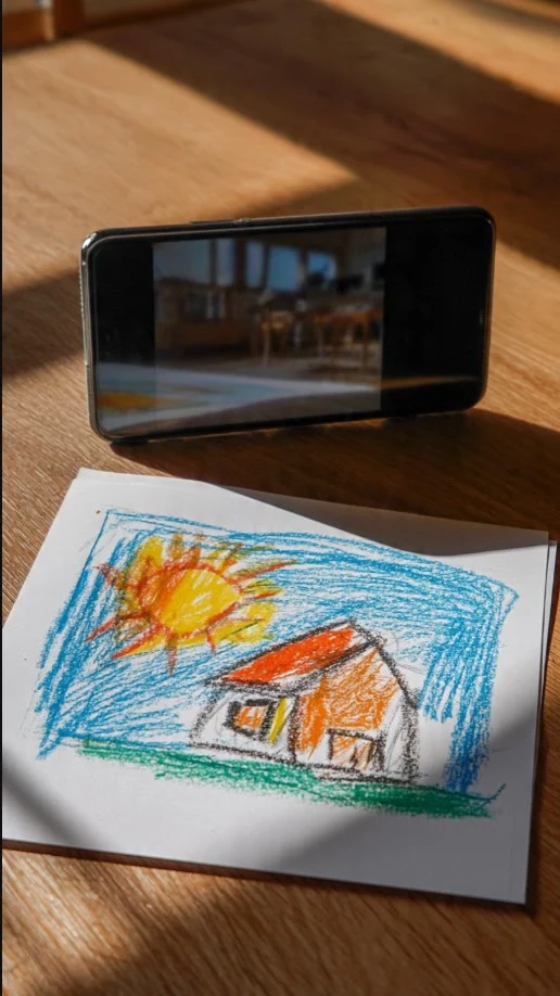 A child's crayon drawing of an orange house under a yellow sun lying flat on a wooden table in warm daylight, with a phone propped upright behind it