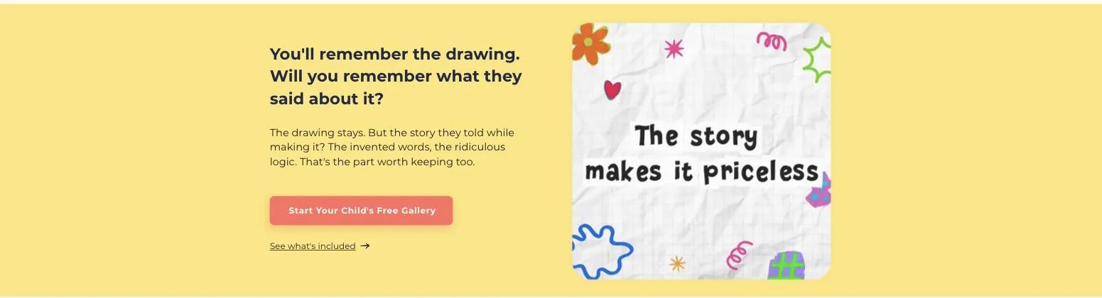 Screenshot of the Pixyit homepage with the headline You'll remember the drawing, will you remember what they said about it, beside a child's doodle page reading the story makes it priceless