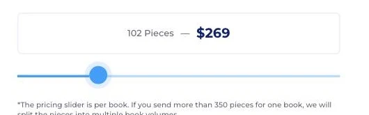 Screenshot of the Artkive pricing slider set to 102 pieces, showing a price of $269, above a note that the slider price is per book