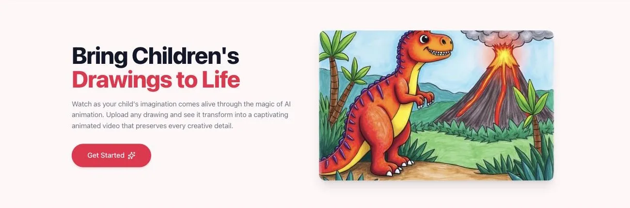 Screenshot of the Doodle Dreams homepage headed Bring Children's Drawings to Life, beside a coloured drawing of an orange dinosaur in front of an erupting volcano