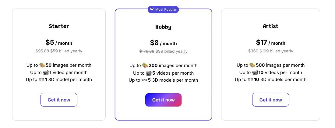 Screenshot of the Drawings Alive pricing tiers: Starter $5 a month with 50 images, 1 video and 1 3D model; Hobby $8 a month with 200 images, 5 videos and 5 models; Artist $17 a month with 500 images, 10 videos and 10 models