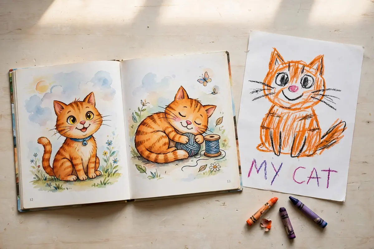 An open children's picture book on a pale table showing a polished illustrated orange cat across both pages, and beside it a child's own crayon drawing of an orange cat labelled MY CAT, with crayons scattered below