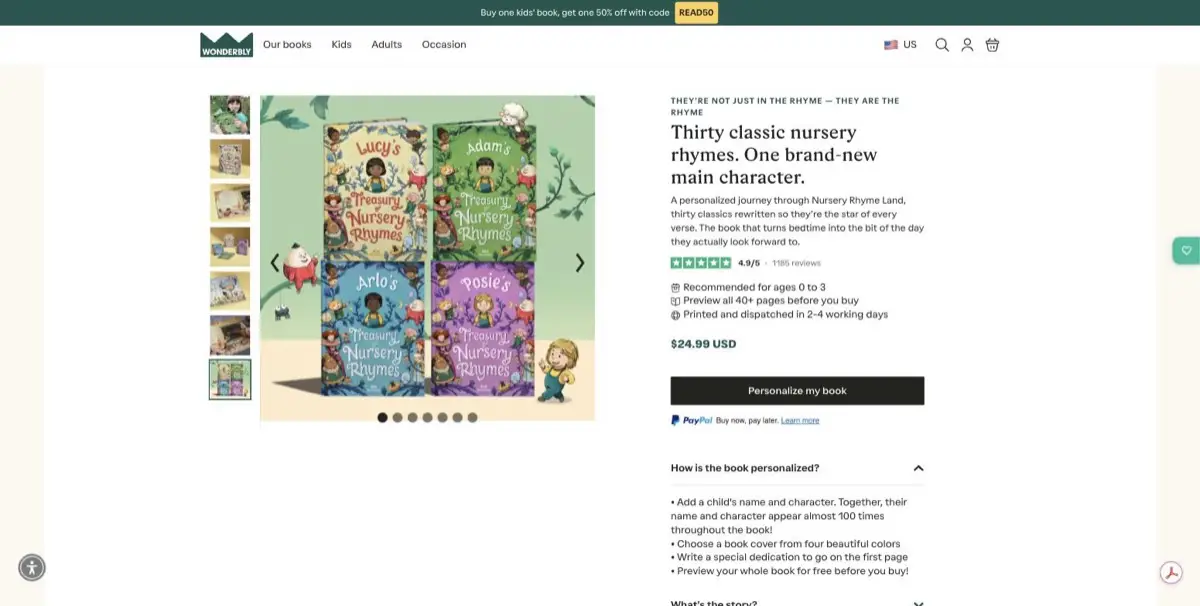 Screenshot of a Wonderbly product page with the How is the book personalized panel expanded, listing: add a child's name and character, choose a book cover from four colors, write a special dedication, preview your whole book for free. Four sample covers show identical artwork with four different names.
