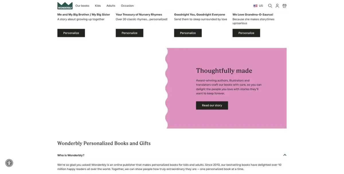 Screenshot of the Wonderbly homepage section headed Thoughtfully made, reading: Award-winning authors, illustrators and translators craft our books with care, so you can delight the people you love with stories they'll want to keep forever
