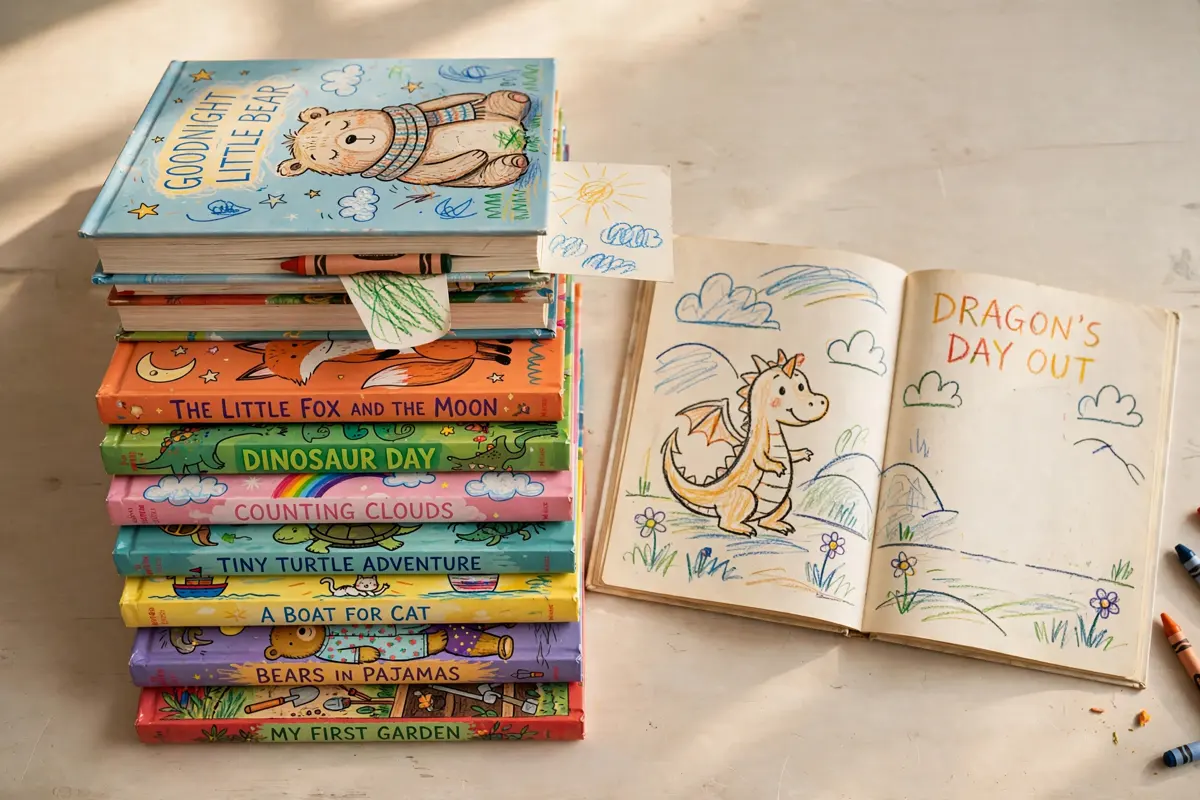 A tall stack of eight colorful children's picture books beside one book lying open, its pages showing a crayon-drawn dragon and the hand-lettered title Dragon's Day Out, with a child's small sun drawing tucked into the stack