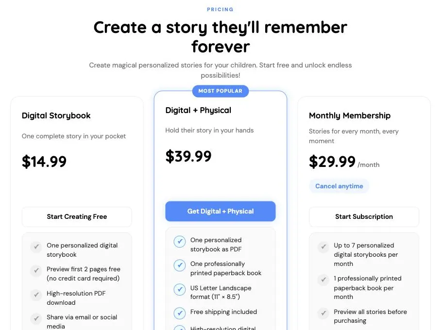 Screenshot of Drawtopia's pricing section showing Digital Storybook at $14.99, Digital plus Physical at $39.99 with a printed paperback, and a Monthly Membership at $29.99 per month
