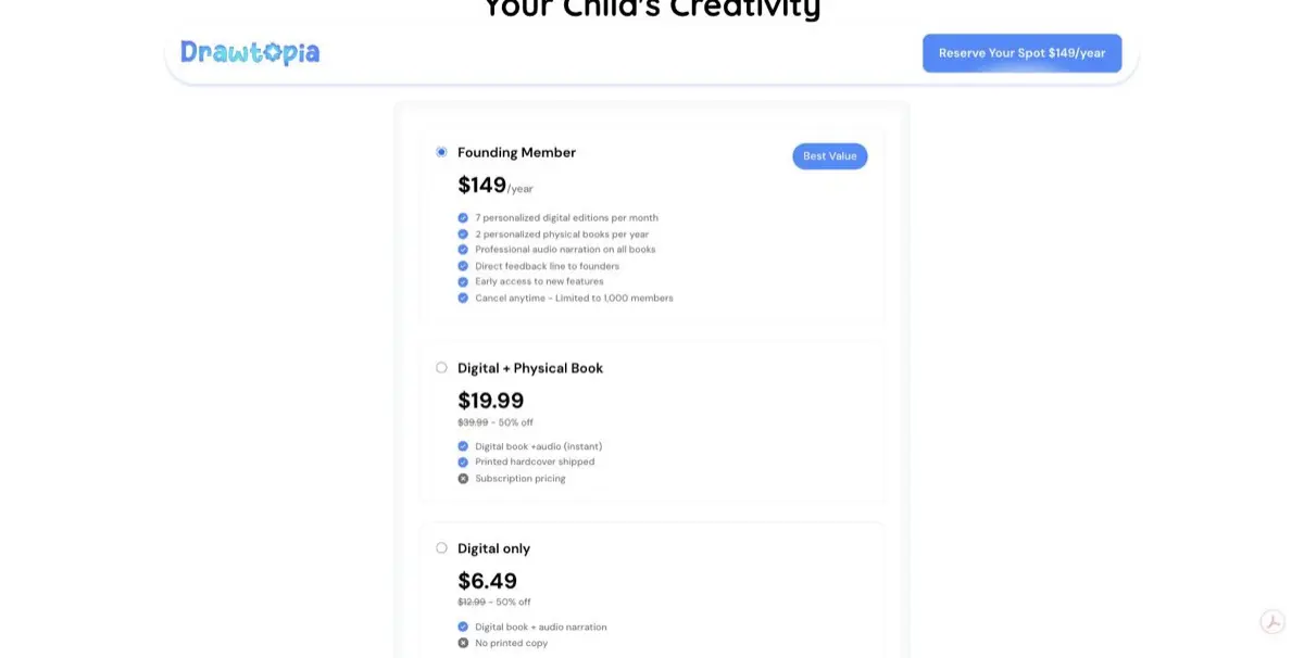 Screenshot of Drawtopia's pricing panel showing Founding Member at $149 per year with 7 personalized digital editions per month and 2 personalized physical books per year, Digital plus Physical Book at $19.99, and Digital only at $6.49