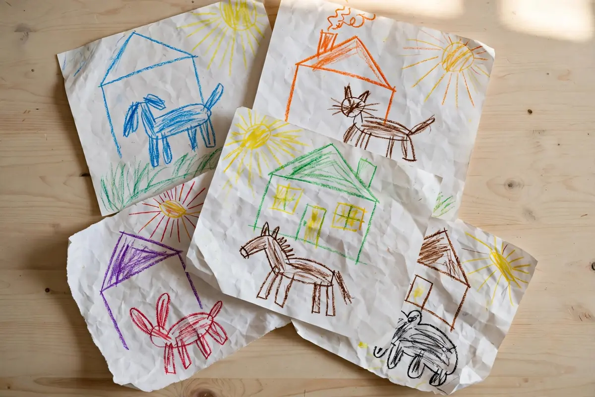 A loose pile of five overlapping children's crayon drawings on a pale wooden table, including a house with a triangle roof, a yellow sun, a blue dog and a brown horse, edges slightly crumpled