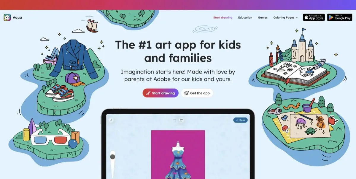 Screenshot of the Aqua by Adobe homepage with the headline The number 1 art app for kids and families and the line Imagination starts here, made with love by parents at Adobe for our kids and yours, with App Store and Google Play buttons