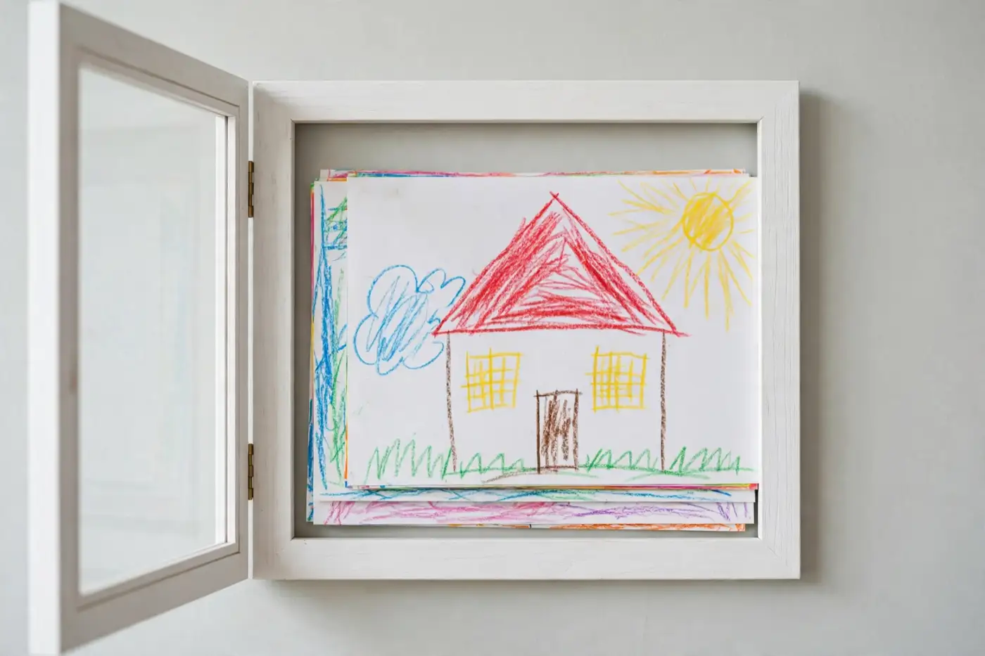 A white slot-sided art frame hanging on a wall holding a bright child's crayon drawing, with the edges of two more drawings visible stored behind it inside the frame