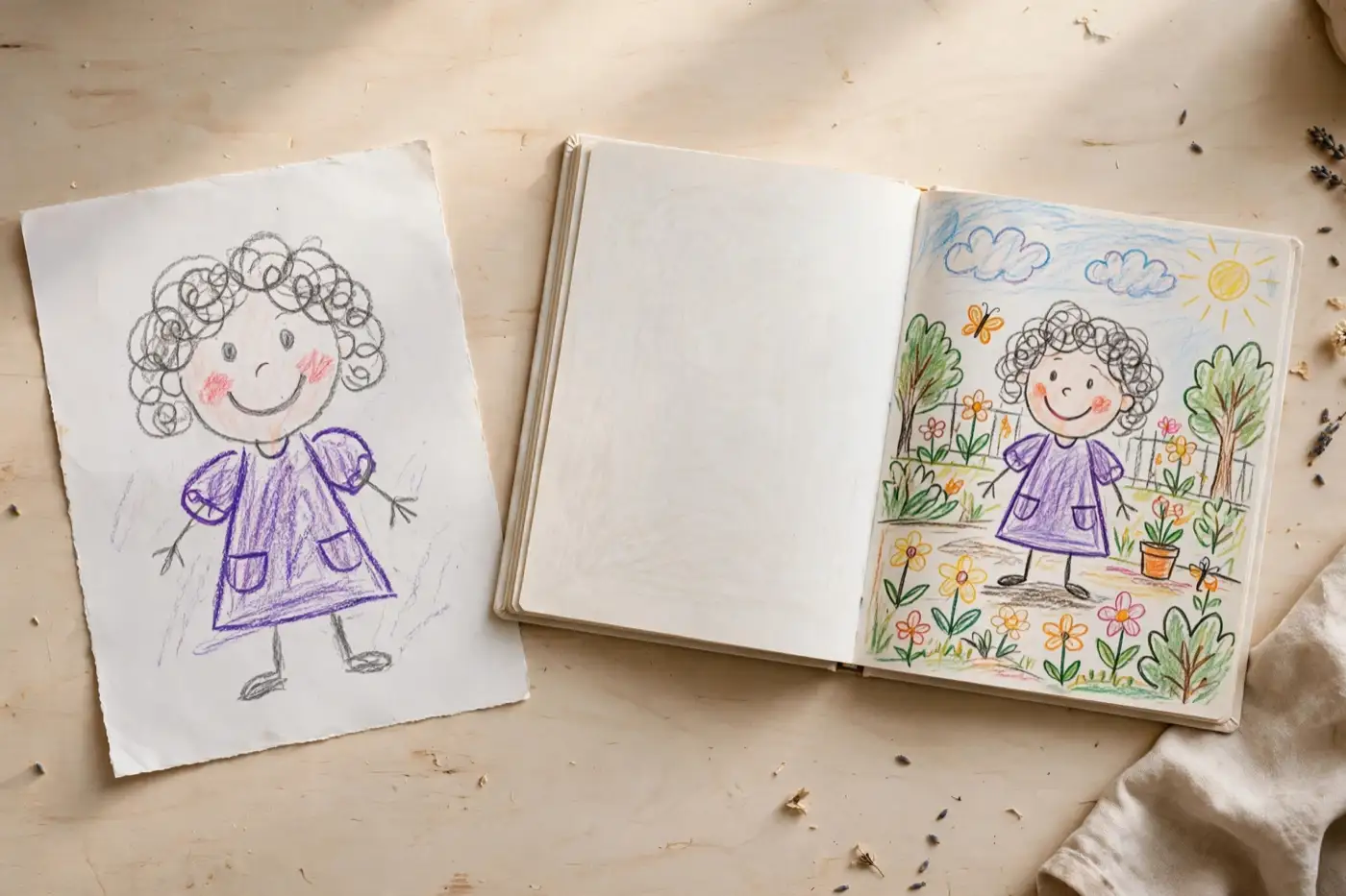 An open printed softcover storybook lying on a wooden table beside the original crayon drawing it was built from, the illustrated character on the page matching the child's drawing