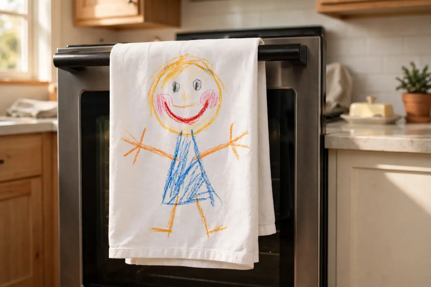 A white cotton tea towel printed with a child's crayon drawing of a smiling figure, folded over the handle of an oven door in a sunny kitchen