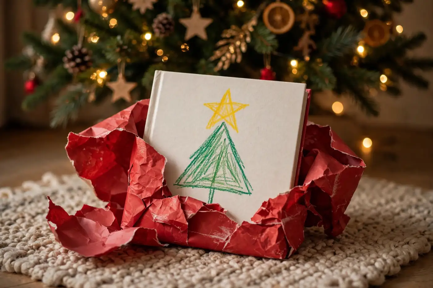 A printed square softcover storybook resting half-unwrapped under a decorated Christmas tree, its cover illustration drawn in a child's crayon style