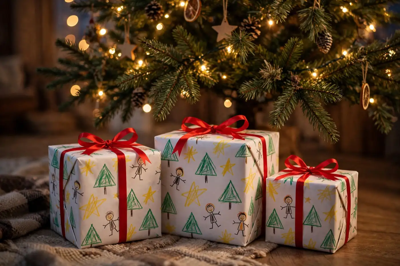 Three presents under a Christmas tree wrapped in white paper printed with a repeating pattern of a child's crayon drawings of trees, stars and stick figures, tied with red ribbon