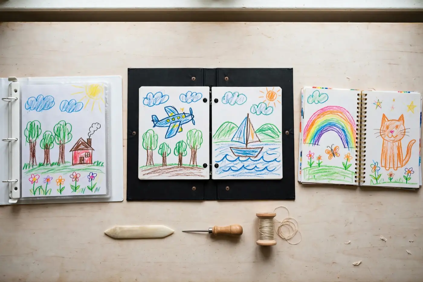 Three bound books of children's drawings laid side by side on a wooden table: a white three-ring binder with a drawing in a clear sleeve, an open black screw-post album, and a coil-bound booklet, with a bone folder, an awl and a spool of waxed thread beside them