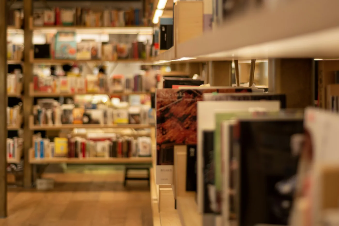 A warm, softly lit bookshop aisle seen down the shelving, pale wood shelves and a wooden floor receding into soft focus, no people in frame
