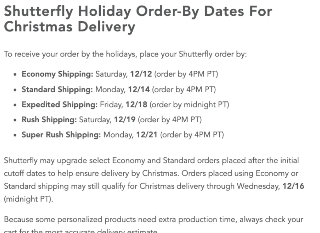 Screenshot of Shutterfly's holiday shipping guide listing 2026 order-by dates: Economy 12/12, Standard 12/14, Expedited 12/18, Rush 12/19, Super Rush 12/21, followed by a note that personalized products need extra production time