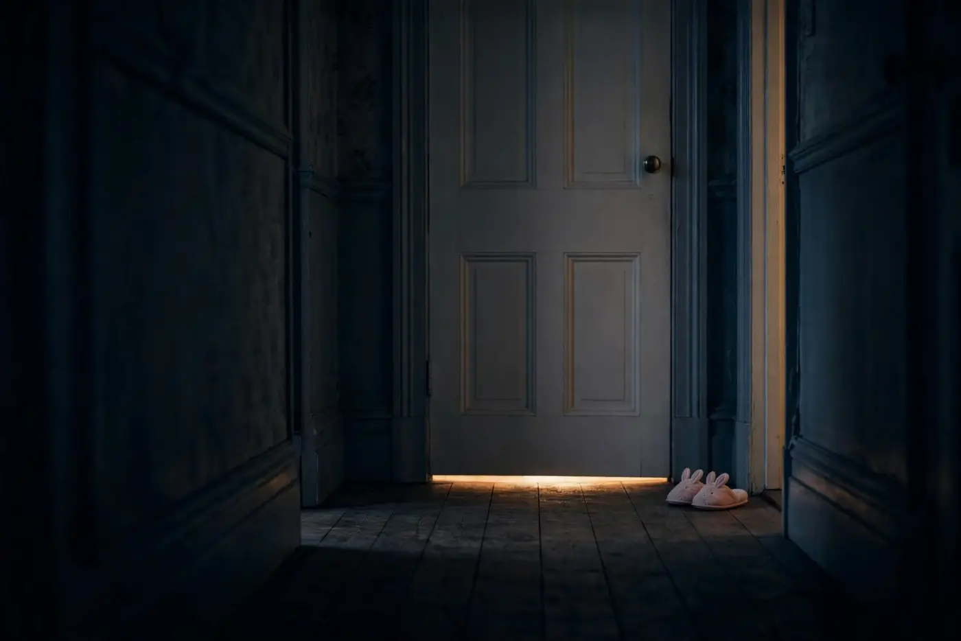 A dark hallway at night facing a child's closed bedroom door, a thin strip of warm light along the floor beneath it and a small pair of slippers beside the doorframe